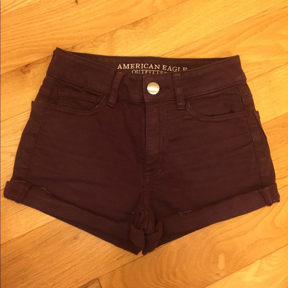 AE hi-rise shortie maroon denim shorts